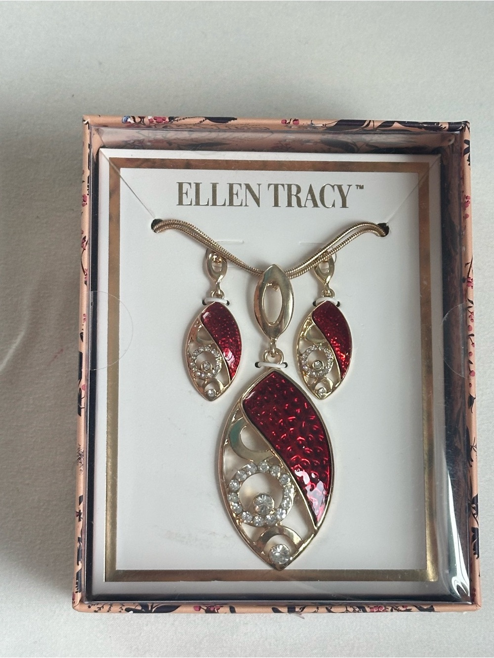 Ellen Tracy Red and Gold Enamel Pendant Necklace with Matching Earrings